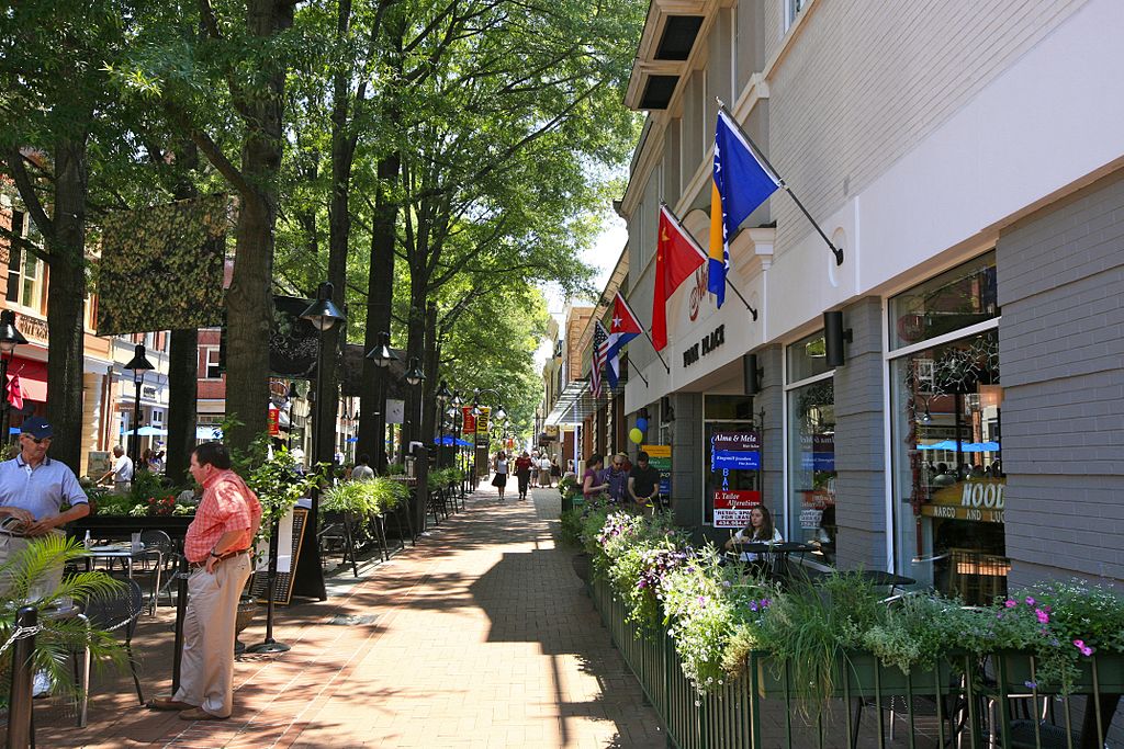 A sidewalk in Charlottesville, Virginia, with shops, trees, and people.