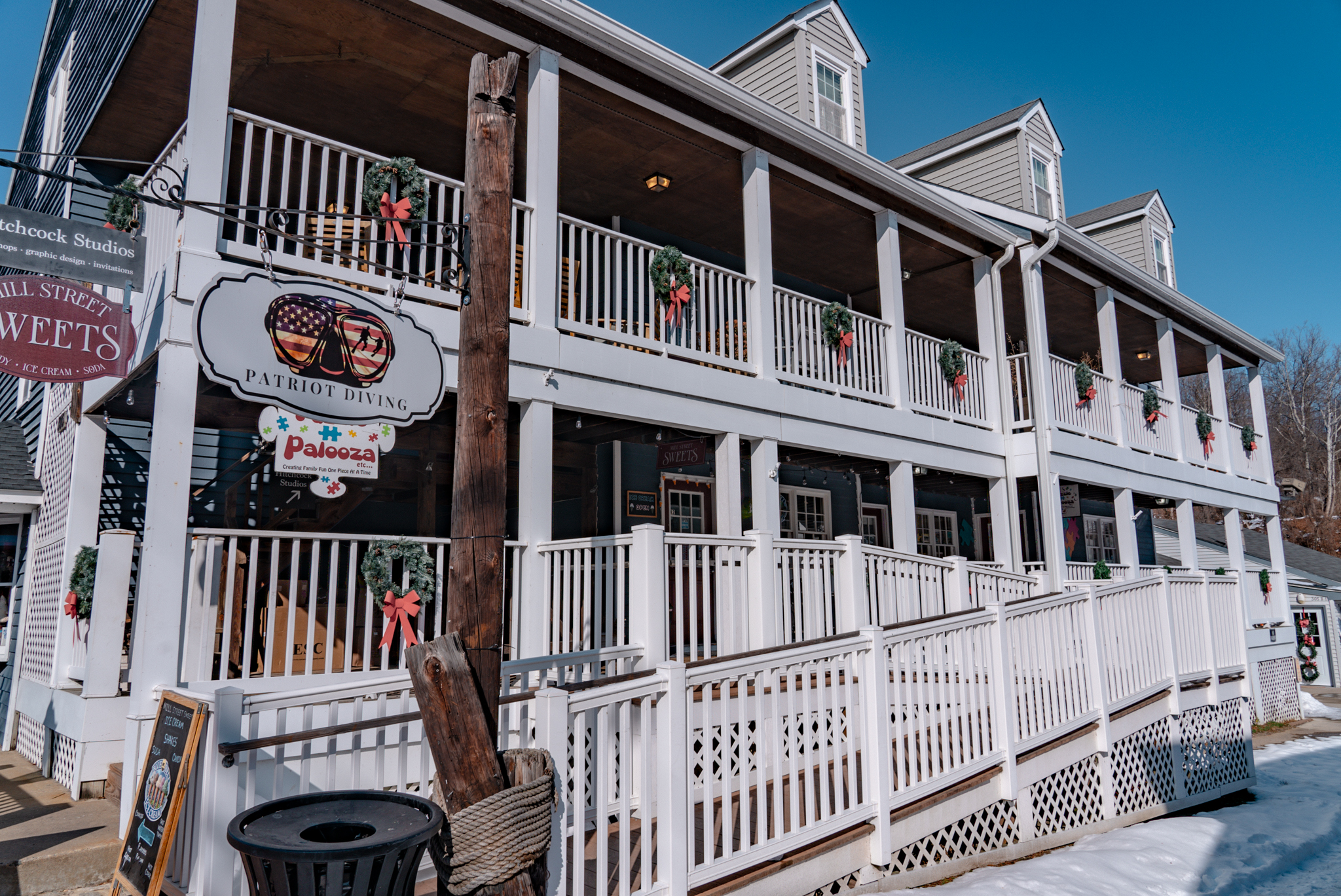 A building of different shops in Occoquan, Virginia in winter.