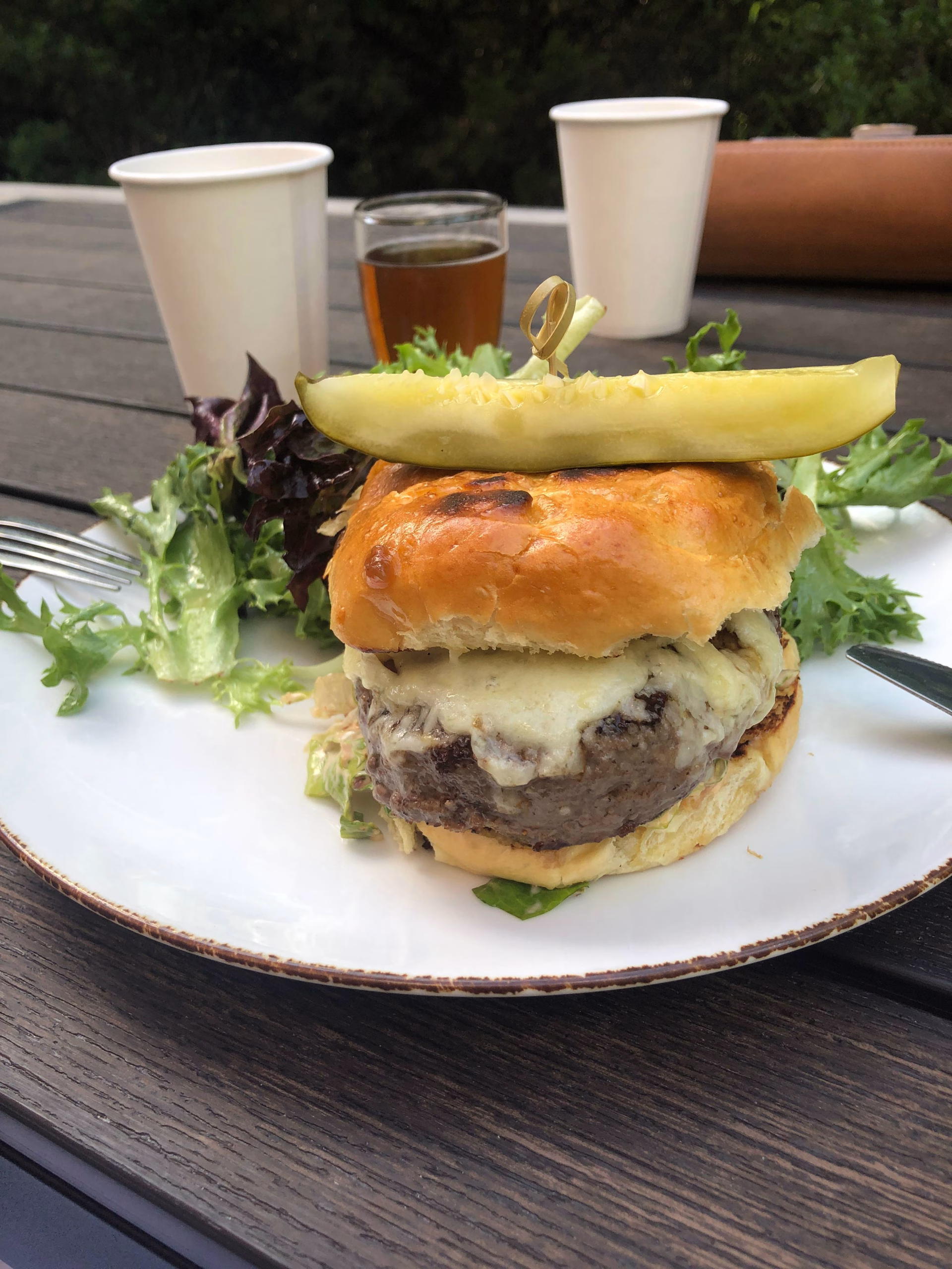 Burger on a plate with veggies.