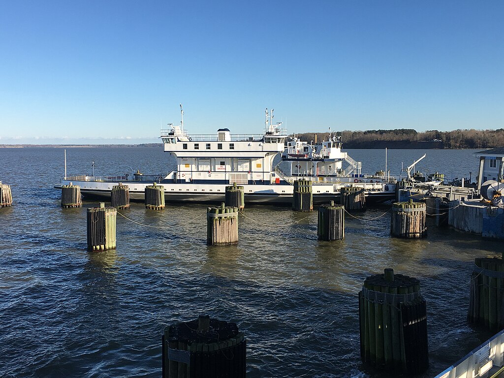 A ferry at a dock in Williamsburg, Virginia.