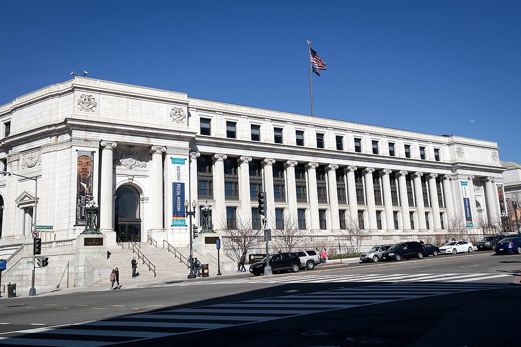 The outside of the National Postal Museum in Washington DC from the road.