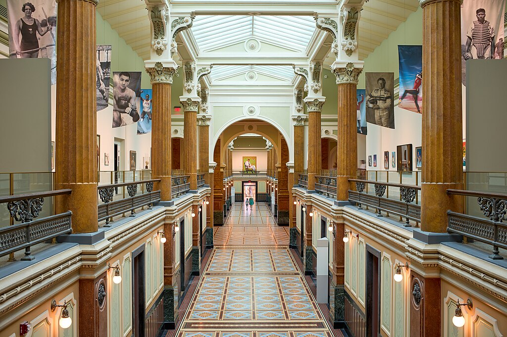 Portraits printed on flags inside the National Portrait Gallery in Washington DC.
