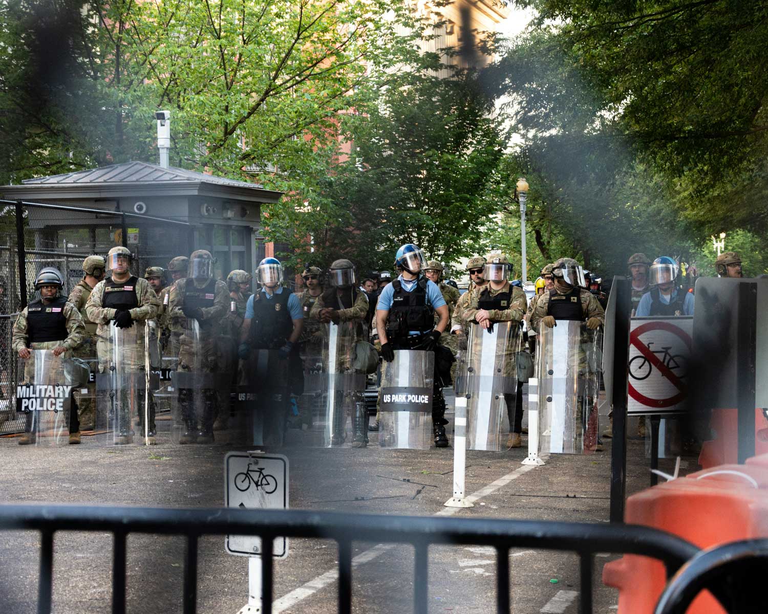 Policemen on guard on a street in Washington DC.