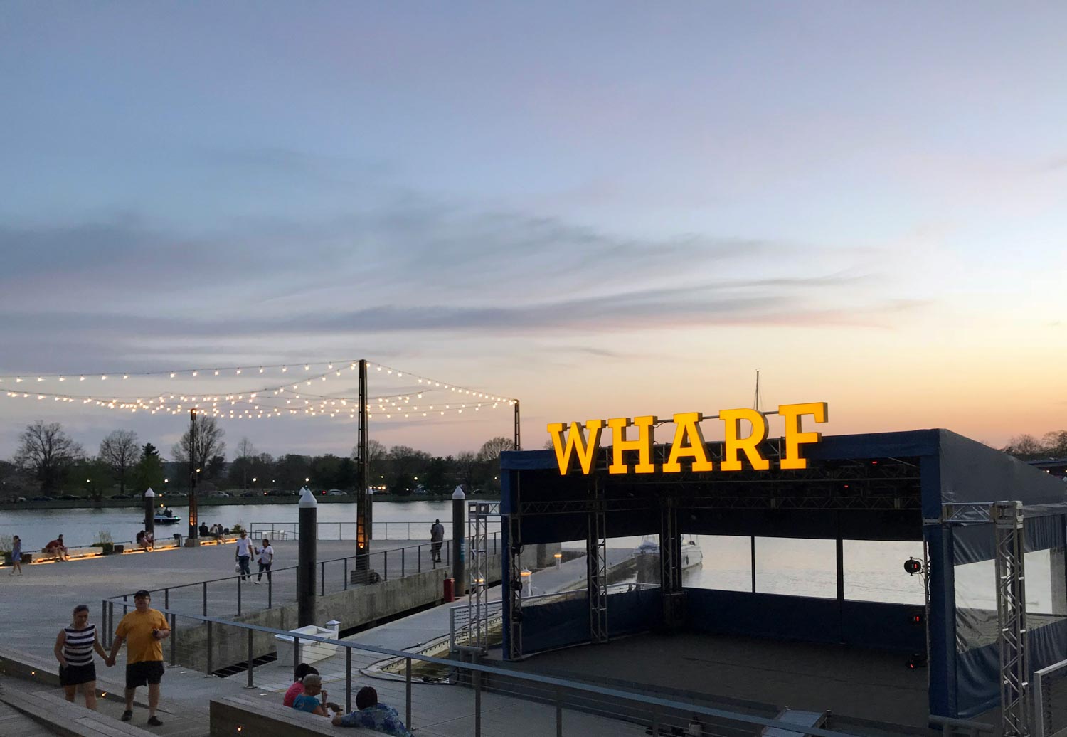 A wharf in Washington DC at dusk.