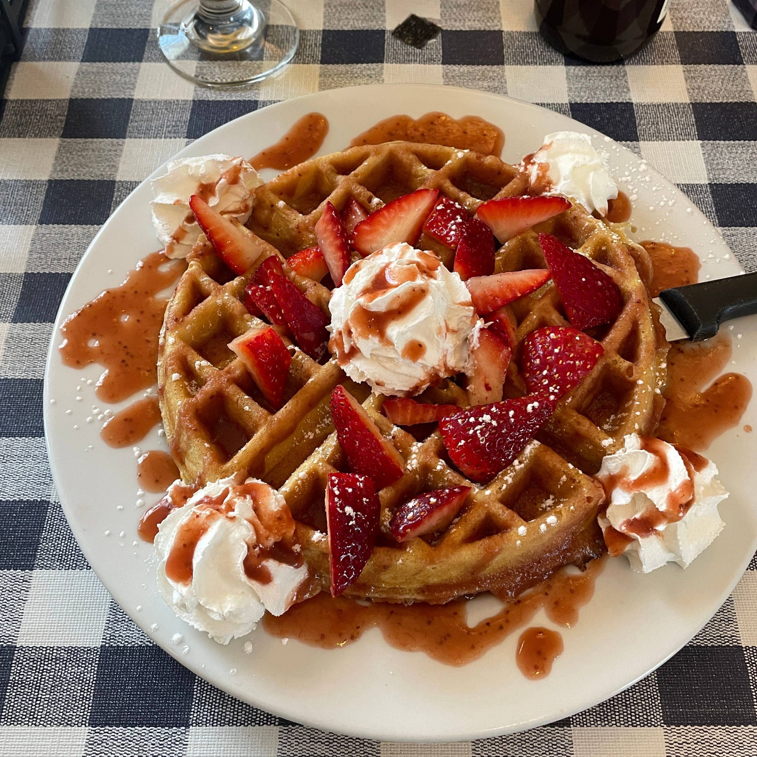 Waffle on a plate with sauce, whipped cream, and strawberries.