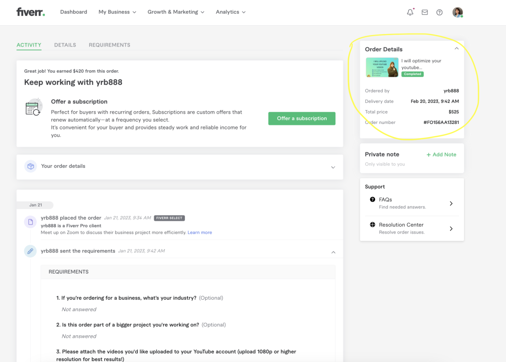 screenshot of fiverr earnings in 2023