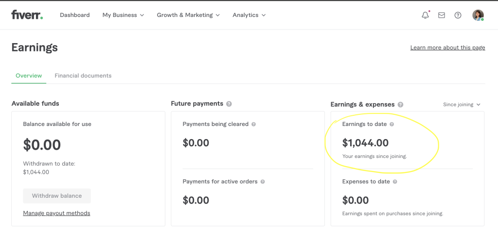 screenshot of fiverr earnings in 2023