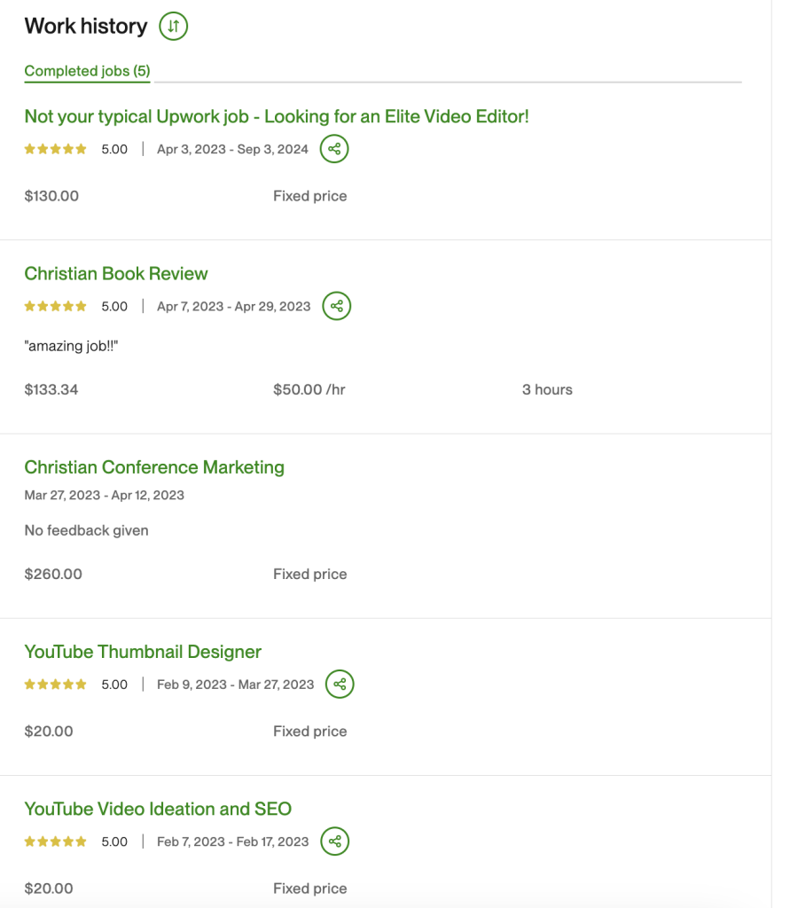 screenshot of upwork gigs