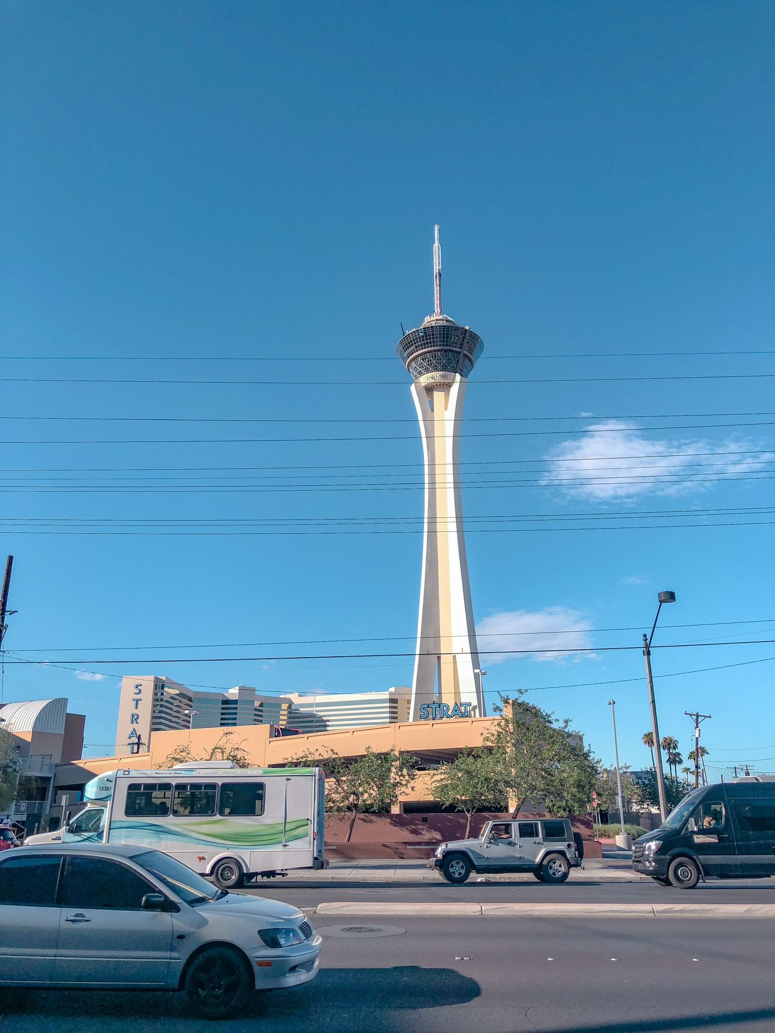 Cars and the tower near The Strat in Las Vegas.