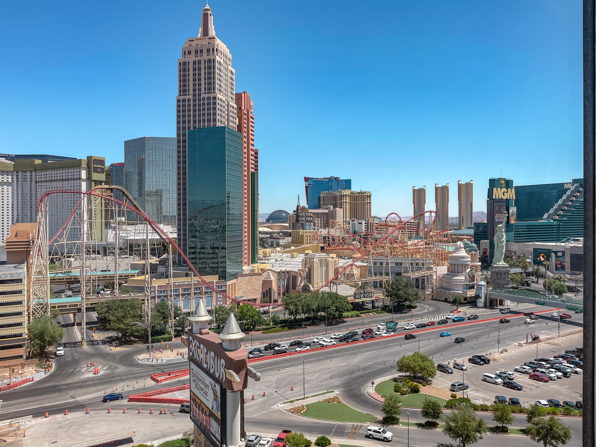 Hotel buildings and rollercoasters in Las Vegas.
