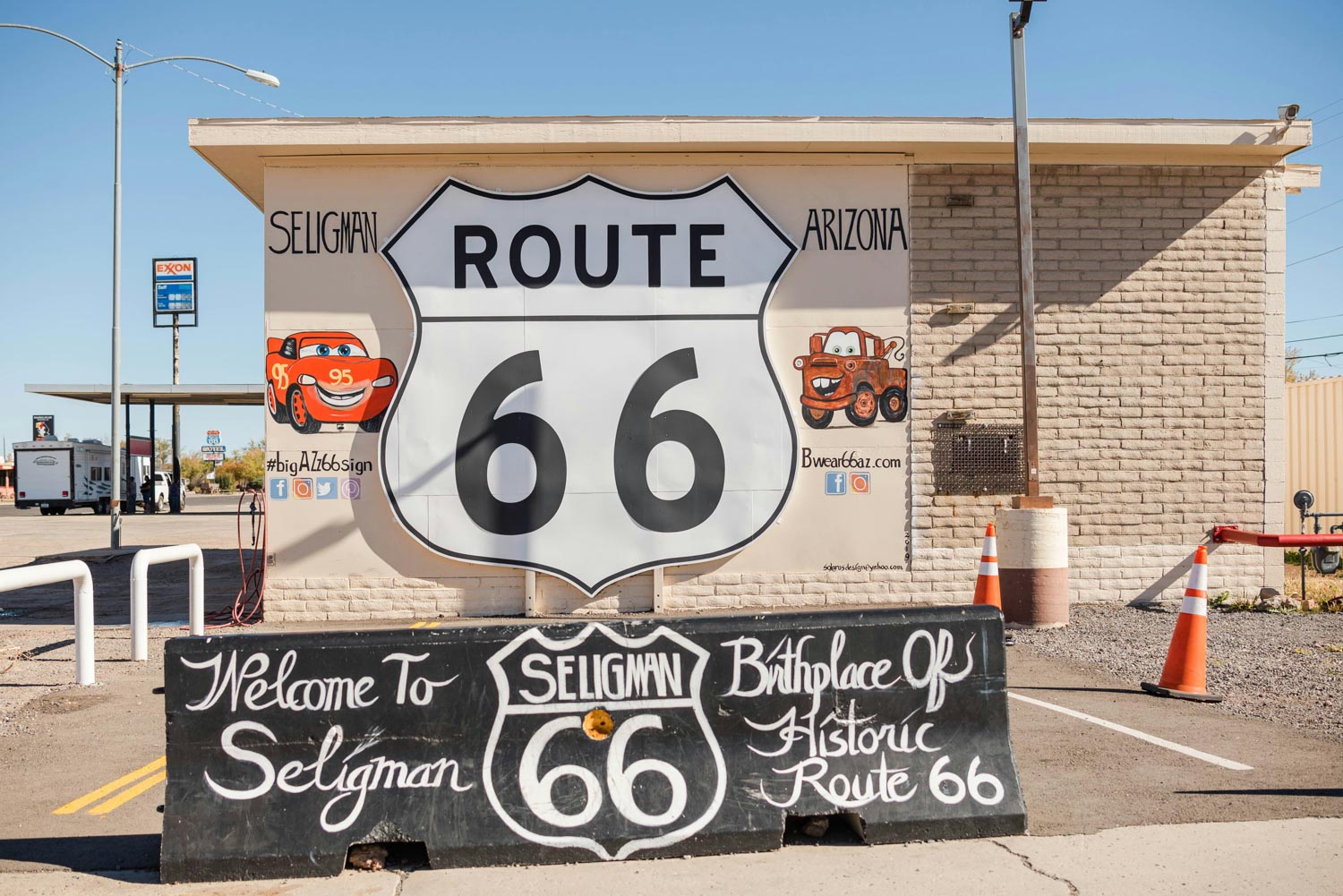 Signs that say "Route 66" and "Welcome to Seligman".
