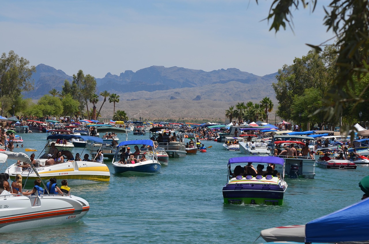 People riding mini boats on Lake Havasu.