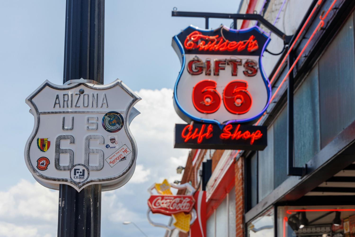 Signs that say "Arizona US 66" and "Gifts 66 Gift Shop".