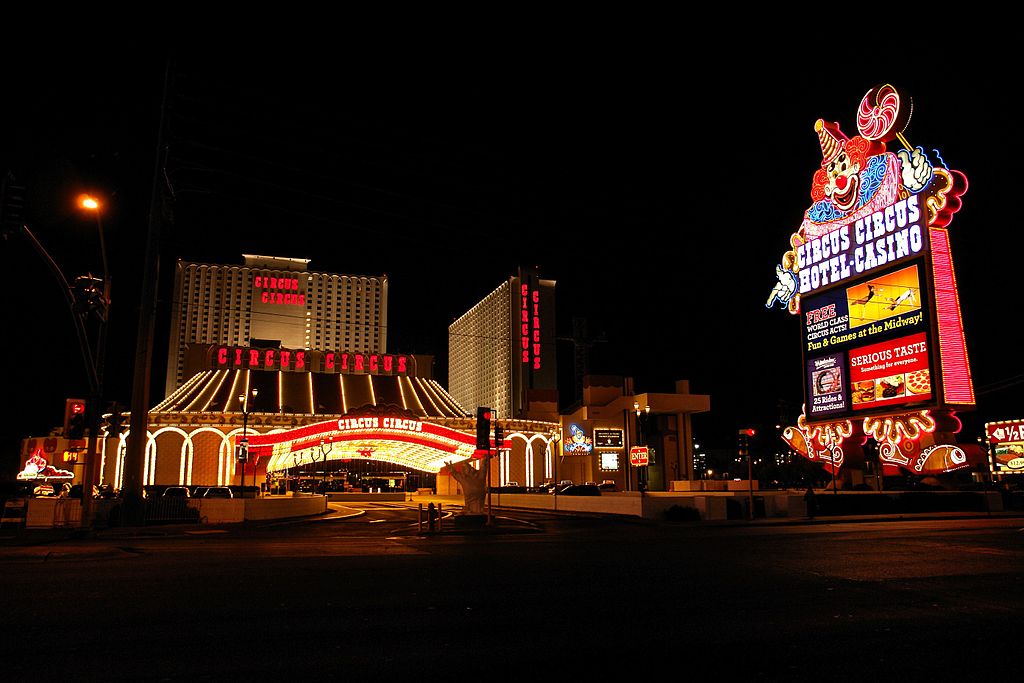 The front of Circus Circus hotel in Las Vegas with a billboard with clown design.