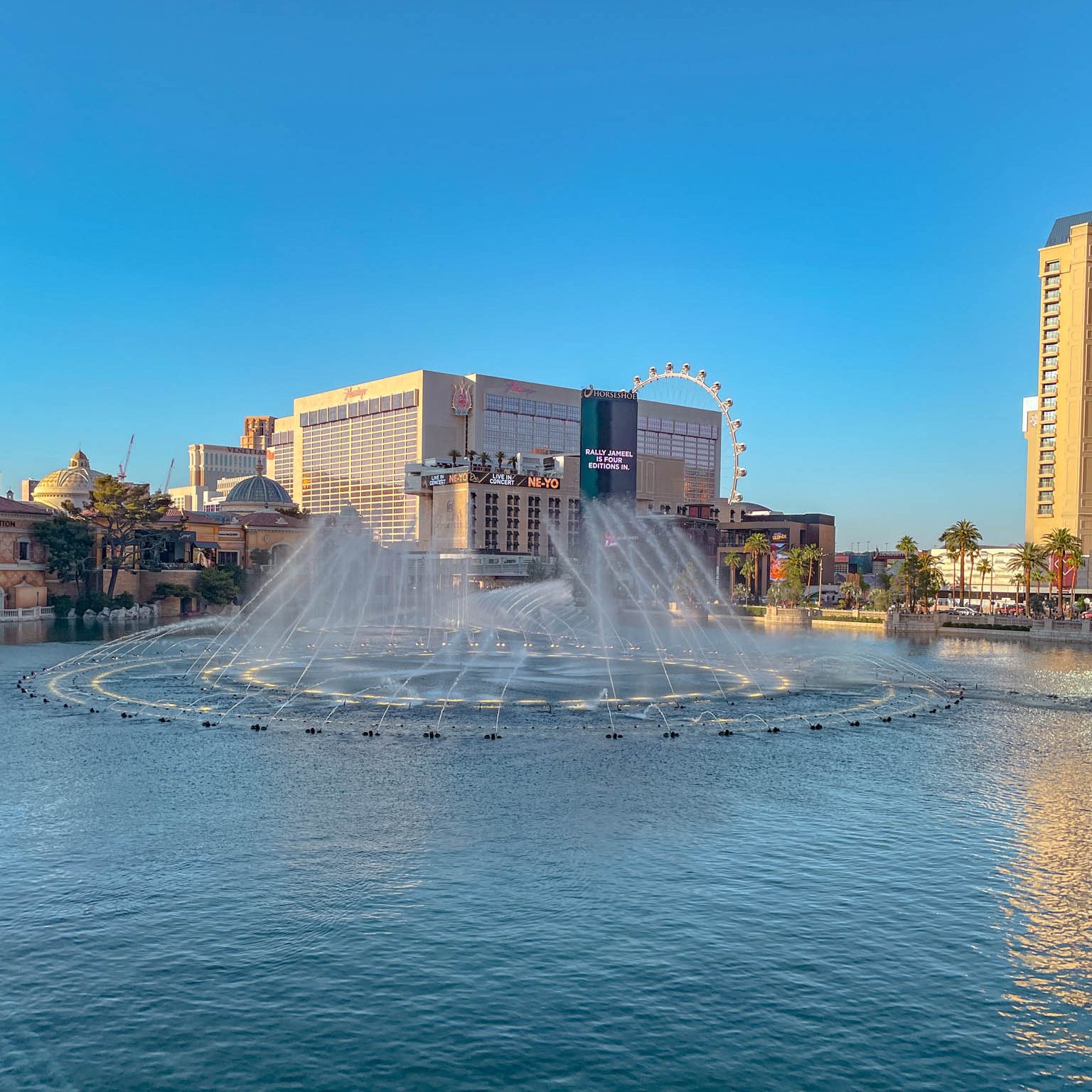 The fountains of Bellagio Las Vegas during the day.