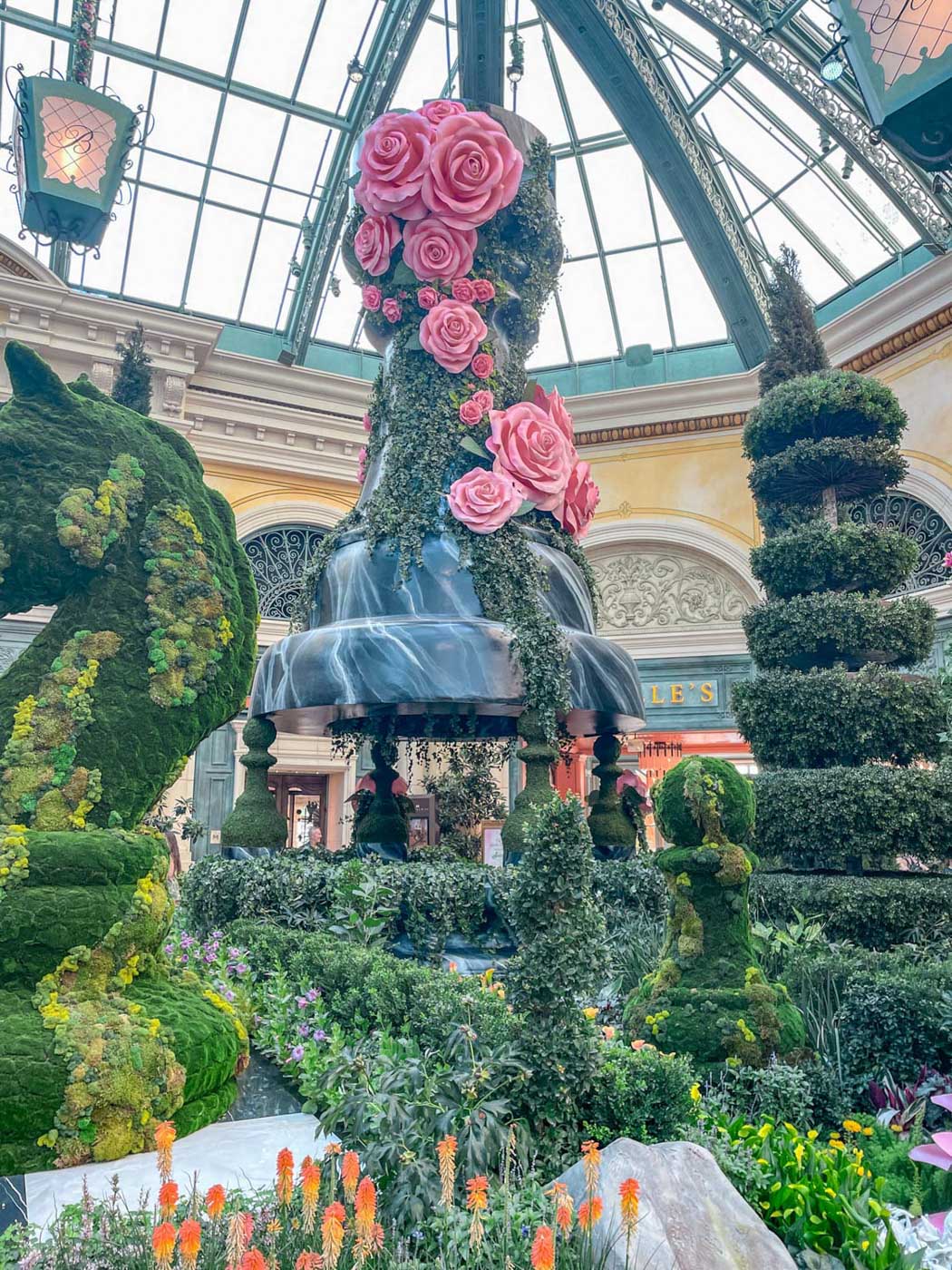 Bushes artfully shaped inside an indoor botanical garden in Las Vegas.