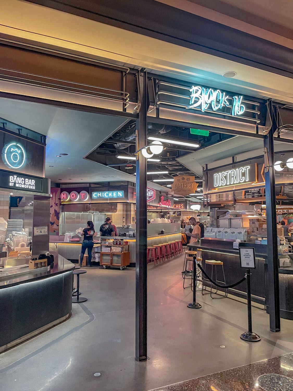 The entrance of Block 16 Urban Food Hall with many stalls inside the Cosmopolitan Las Vegas.