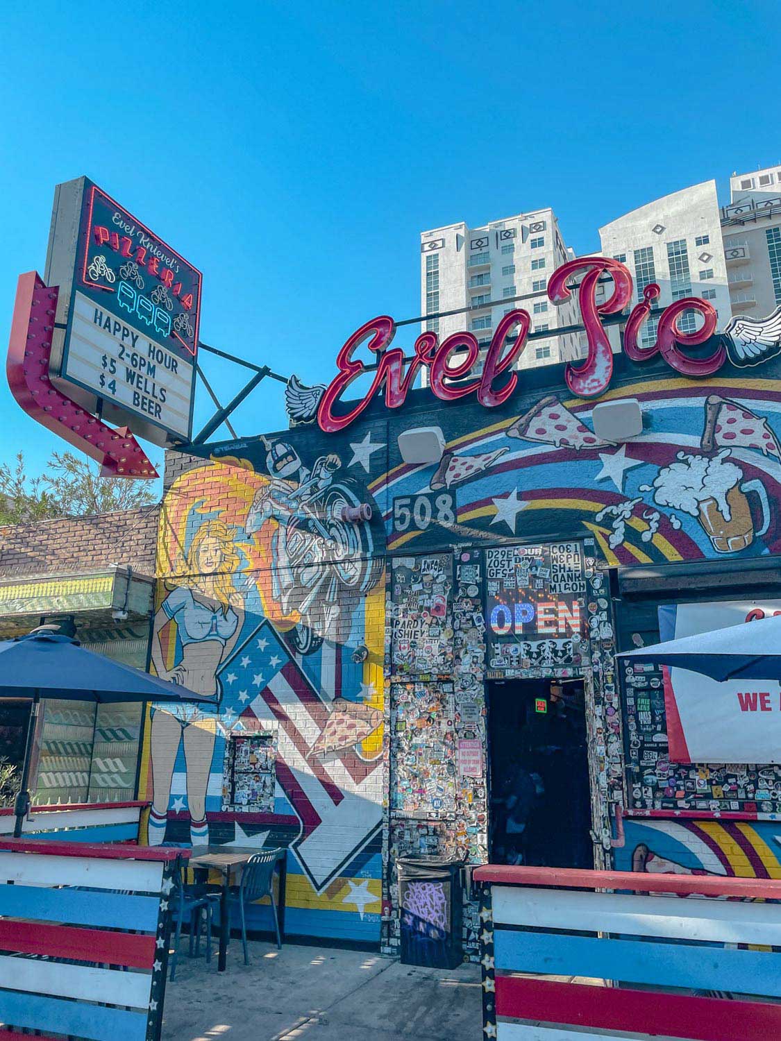 The colorful front of Evel Pie restaurant in Las Vegas.