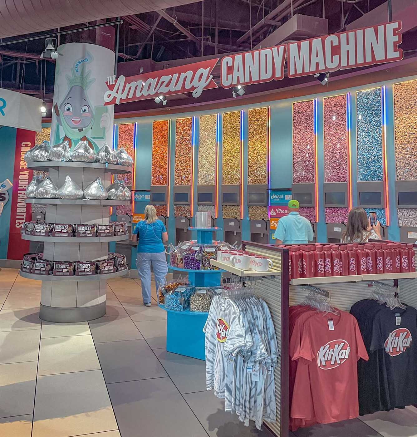 Merch and chocolate products inside Hershey's Chocolate World in Las Vegas.