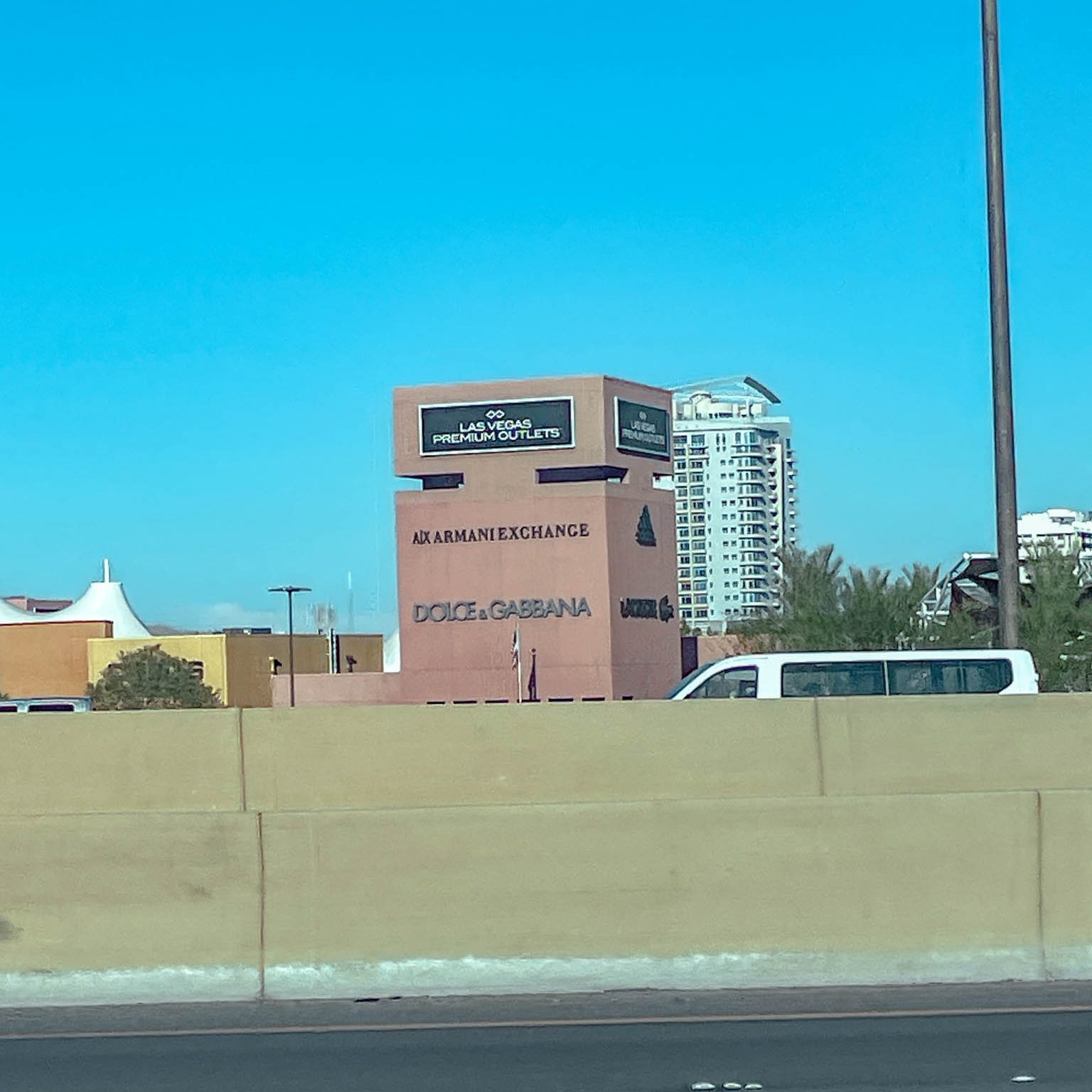 The Las Vegas Premium Outlets building as seen from the road.