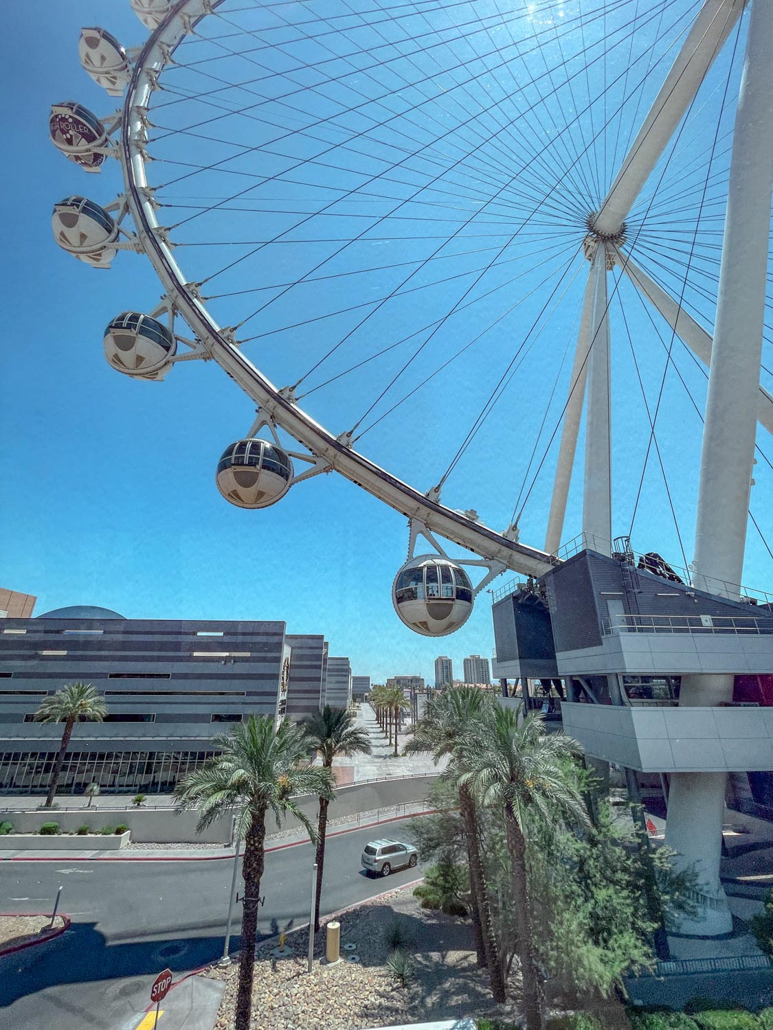 A roller coaster in Las Vegas during the day.