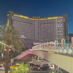Park MGM review hotel by a foot bridge in Las Vegas.