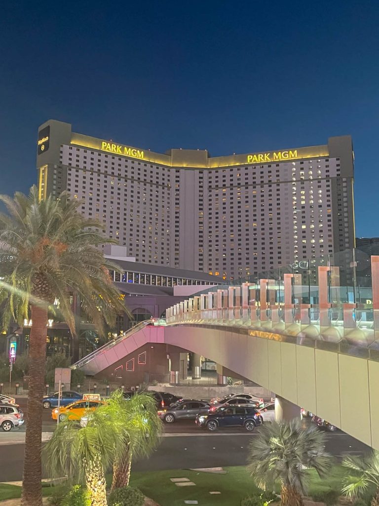 Park MGM review hotel by a foot bridge in Las Vegas.