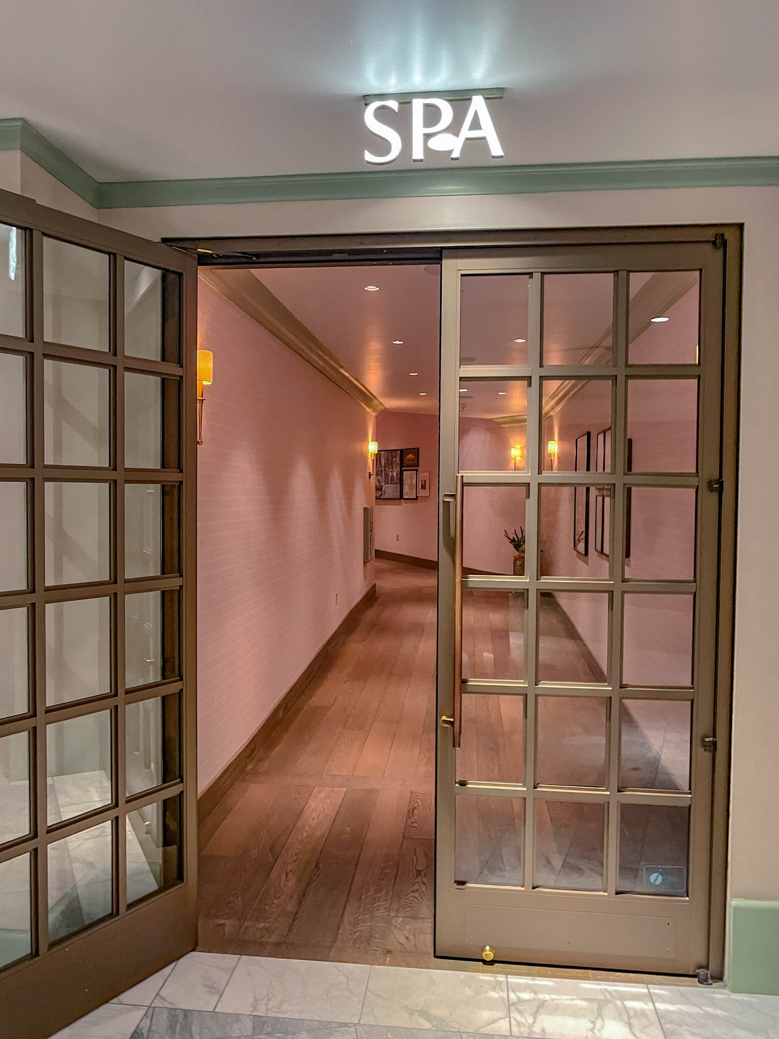 The door and hallway to a spa in a Las Vegas Strip hotel.