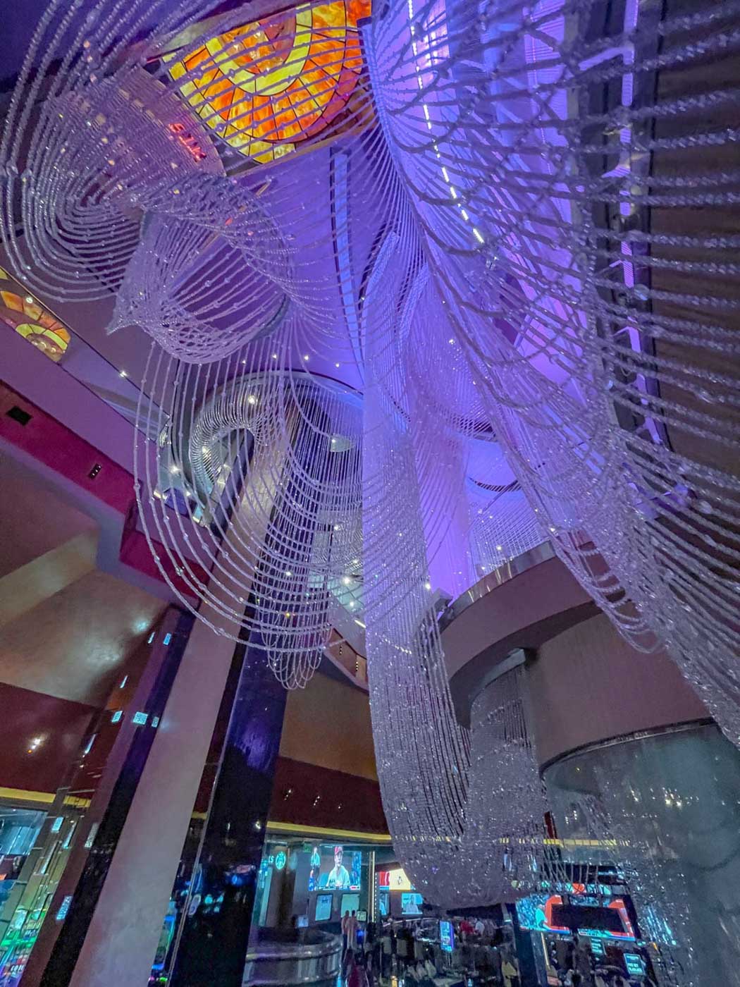 Big purple chandelier inside a Las Vegas hotel.