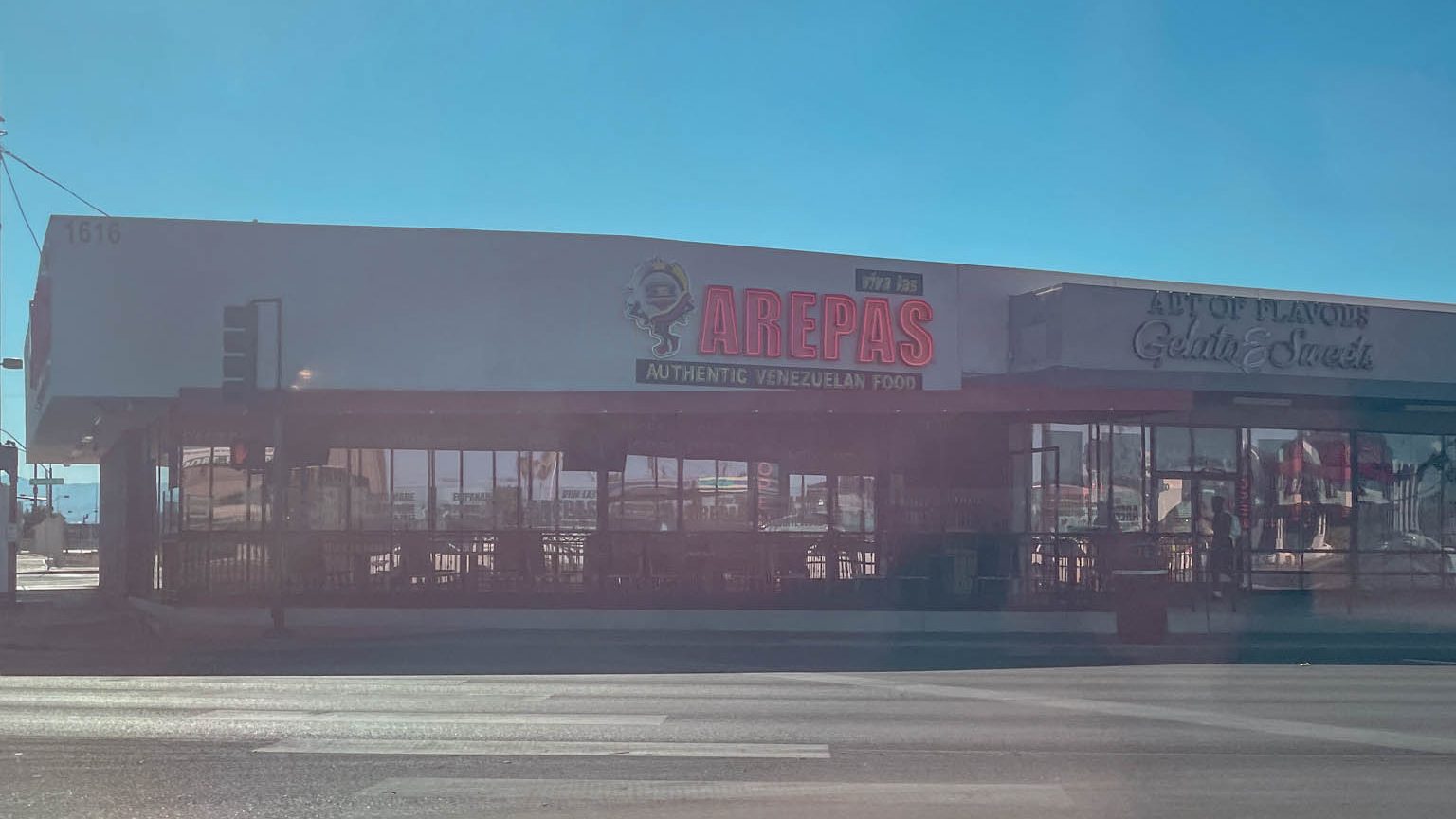 The storefront of the Viva Las Arepas restaurant in Las Vegas.