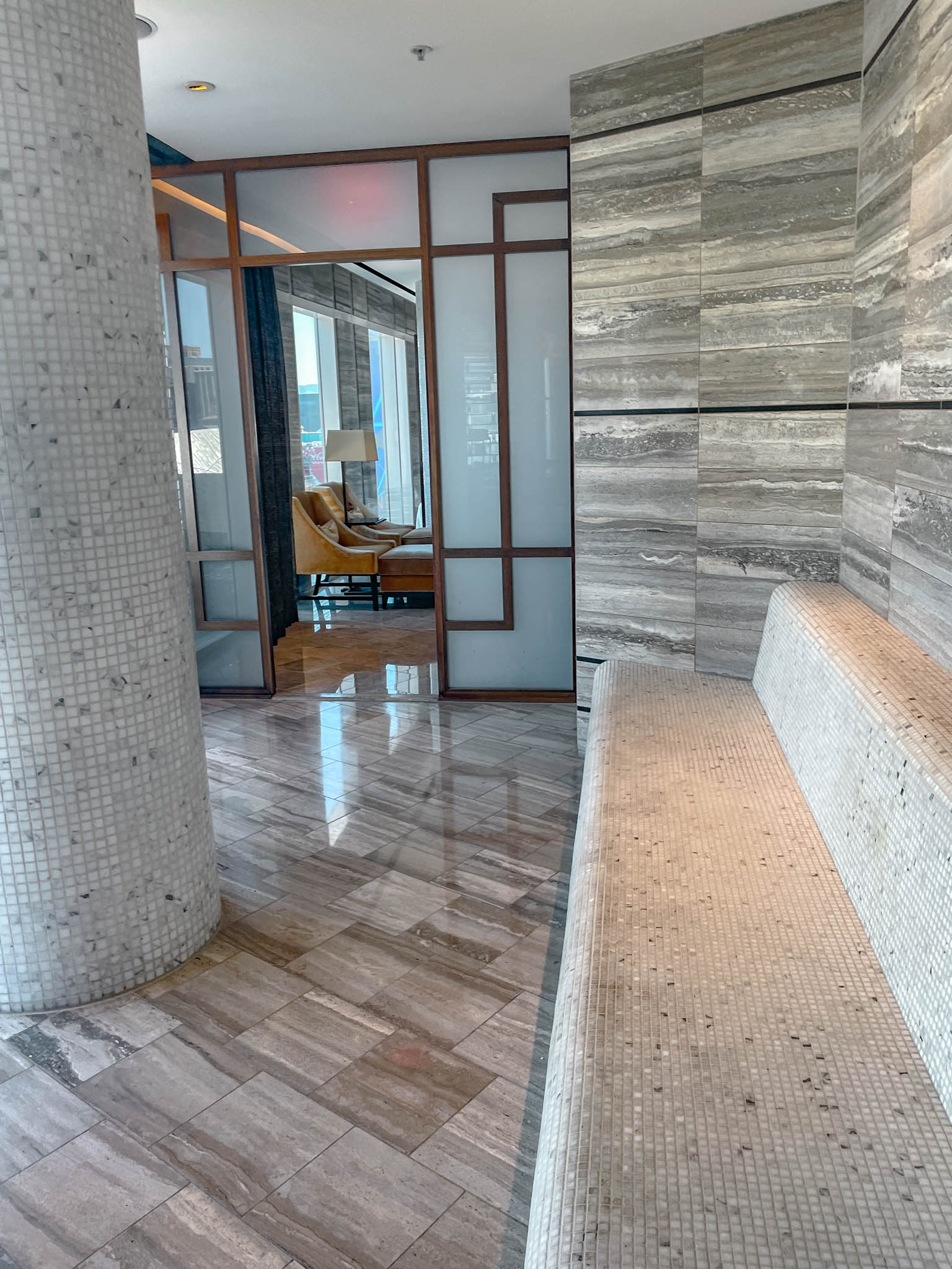 Heated bench in Waldorf Astoria Las Vegas hotel spa.