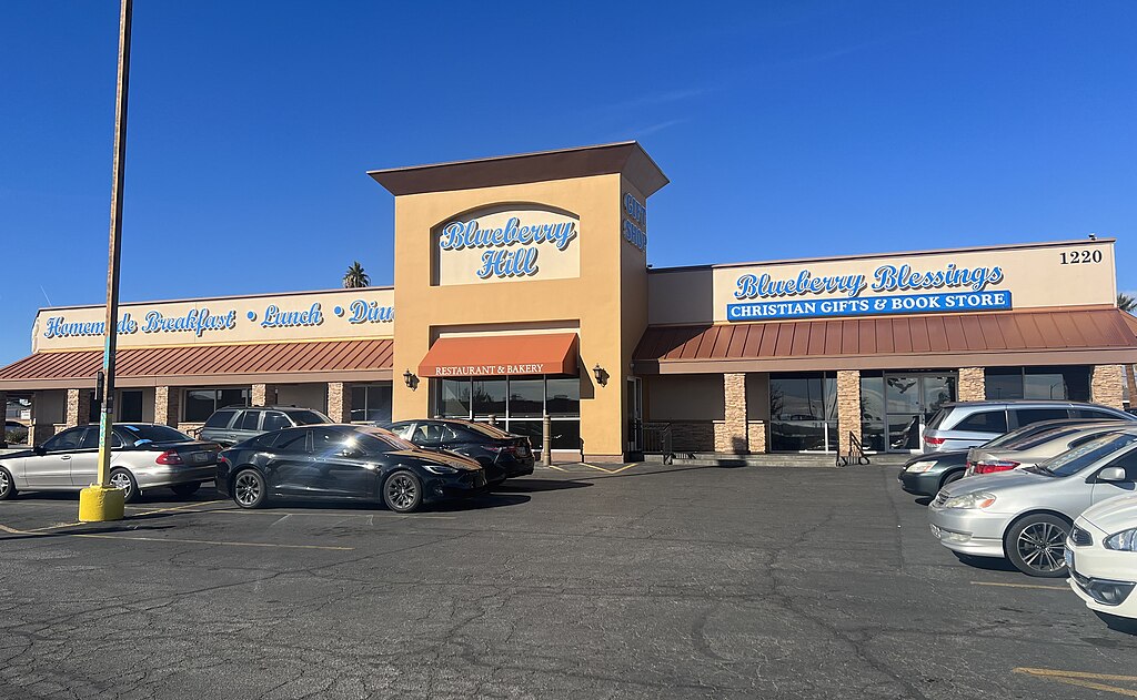The front and parking of Blueberry Hill restaurant in Las Vegas.