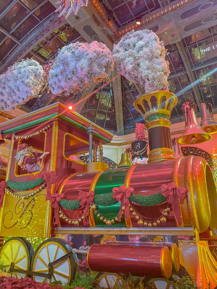 Las Vegas hotel in December with holiday train decor.