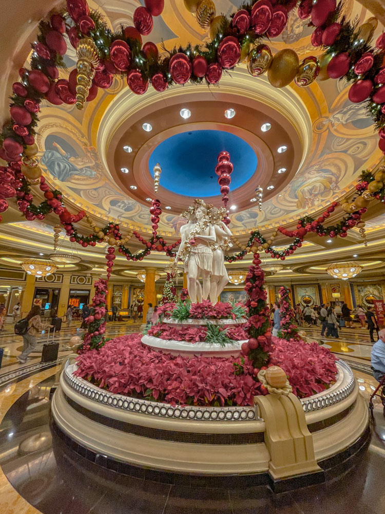Caesars Palace in Las Vegas with holiday decor.