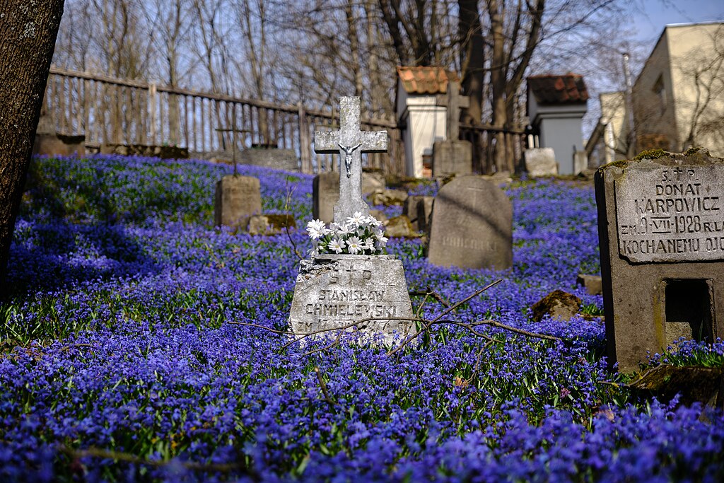 Bernardine Cemetery with gravestones and flowers in Vilnius, Lithuania.