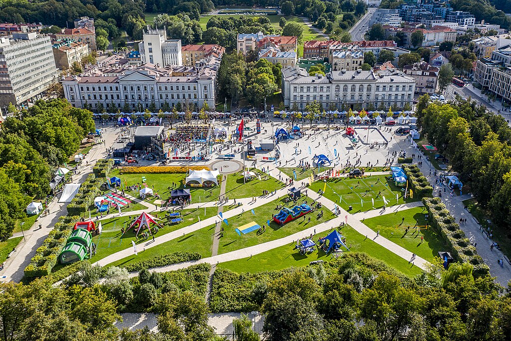 People gathering at Lukiškės Square in Vilnius, Lithuania.