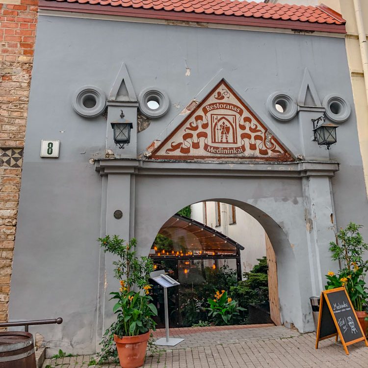 The entrance of a restaurant in Vilnius, Lithuania.