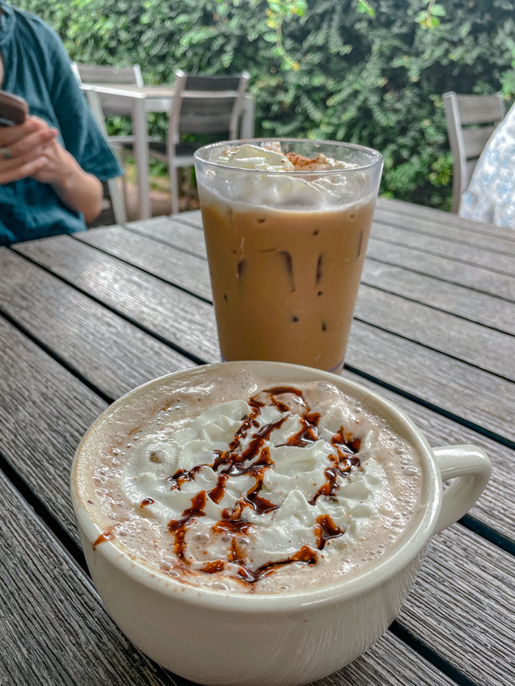 Iced coffee and hot coffee on wooden table.