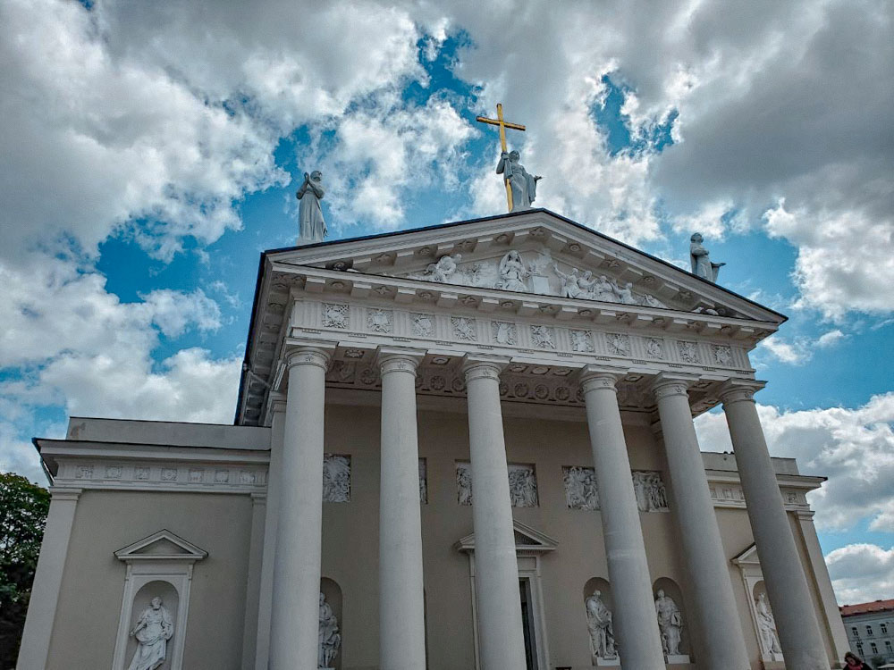 The facade and pillars of Vilnius Cathedral in Lithuania.