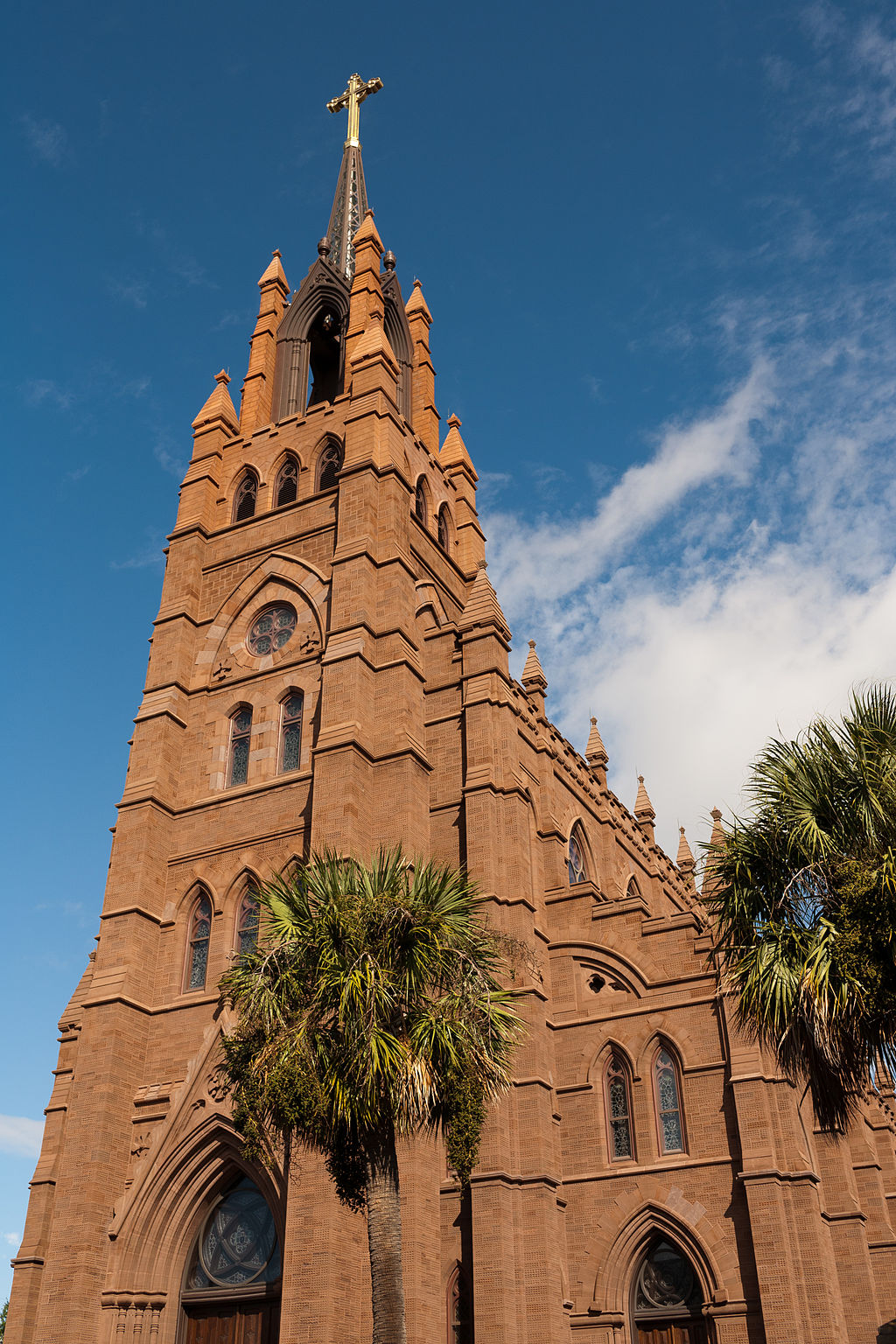 A cathedral with brown bricks facade in Charleston, South Carolina.