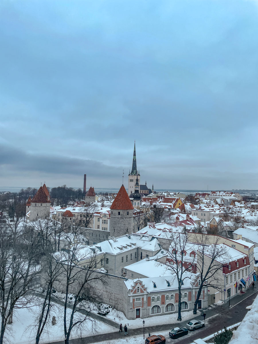 A view of snowy Tallinn, Estonia's building roofs in winter.