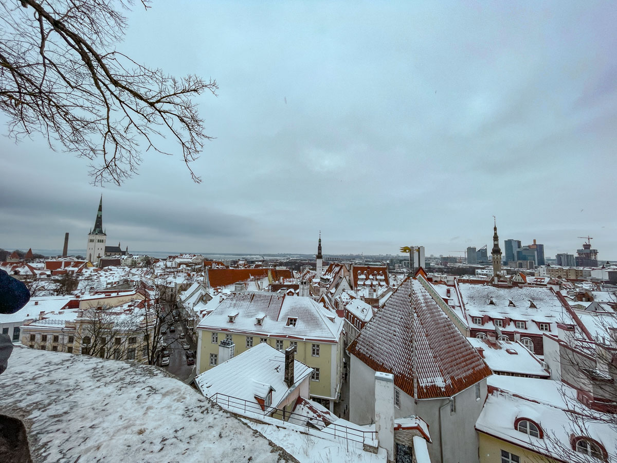 A view of Tallinn, Estonia's building roofs in winter with snow.