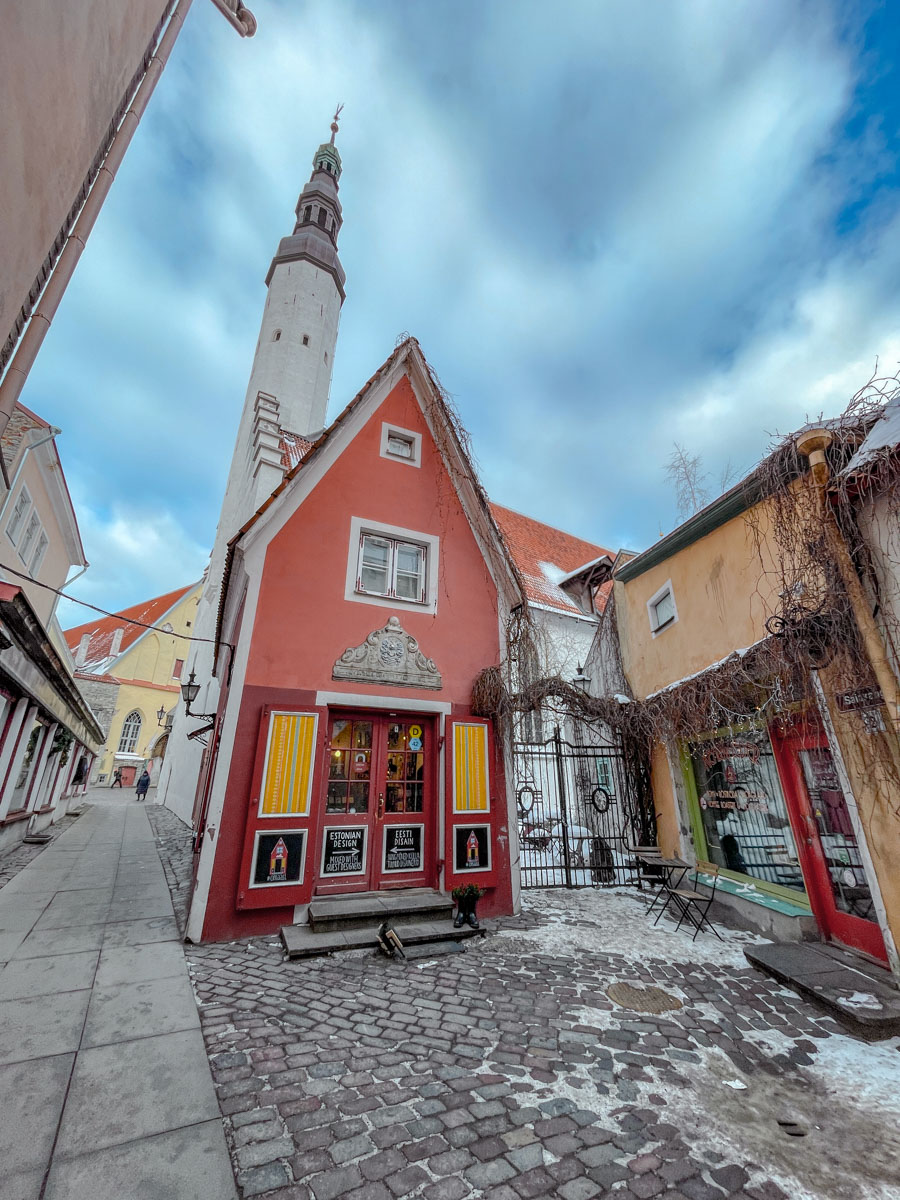 A red storefront in Tallinn Old Town.
