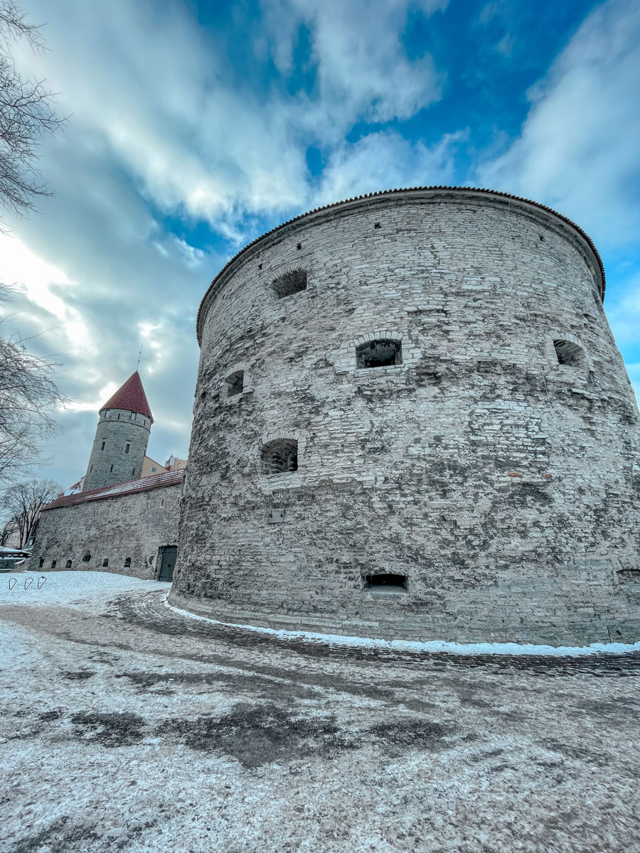 A short, fat tower in Tallinn, Estonia in winter.