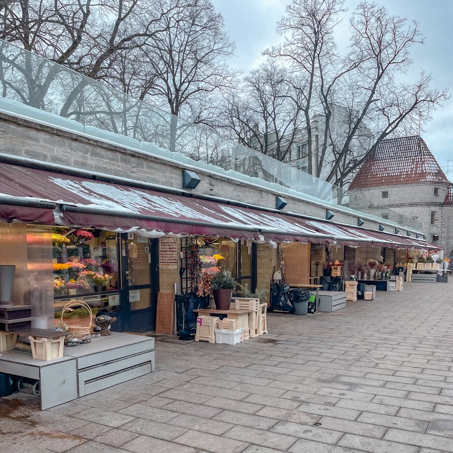 A row of Christmas market stores in Tallinn, Estonia in winter.
