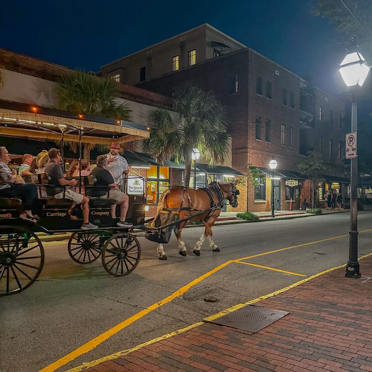 A group of people riding a carriage on a road at night in Charleston, South Carolina.