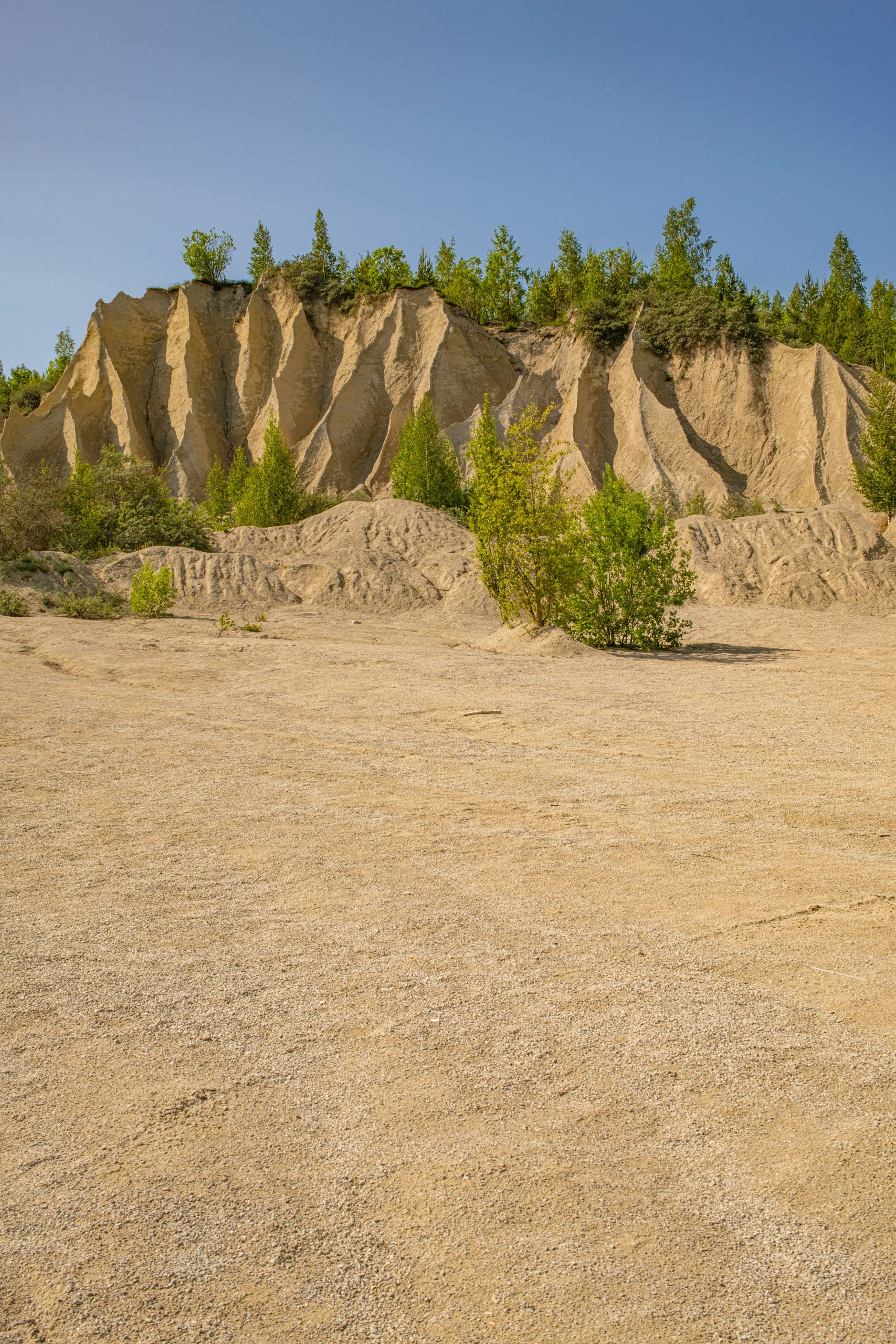 Sunlit, eroded cliffs rising from dry, sandy terrain in Tallinn, Estonia.