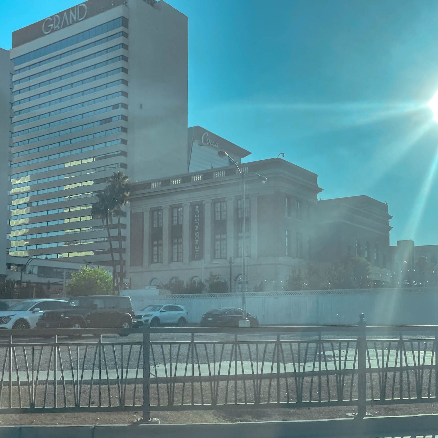 A hotel building beside a museum in Las Vegas.
