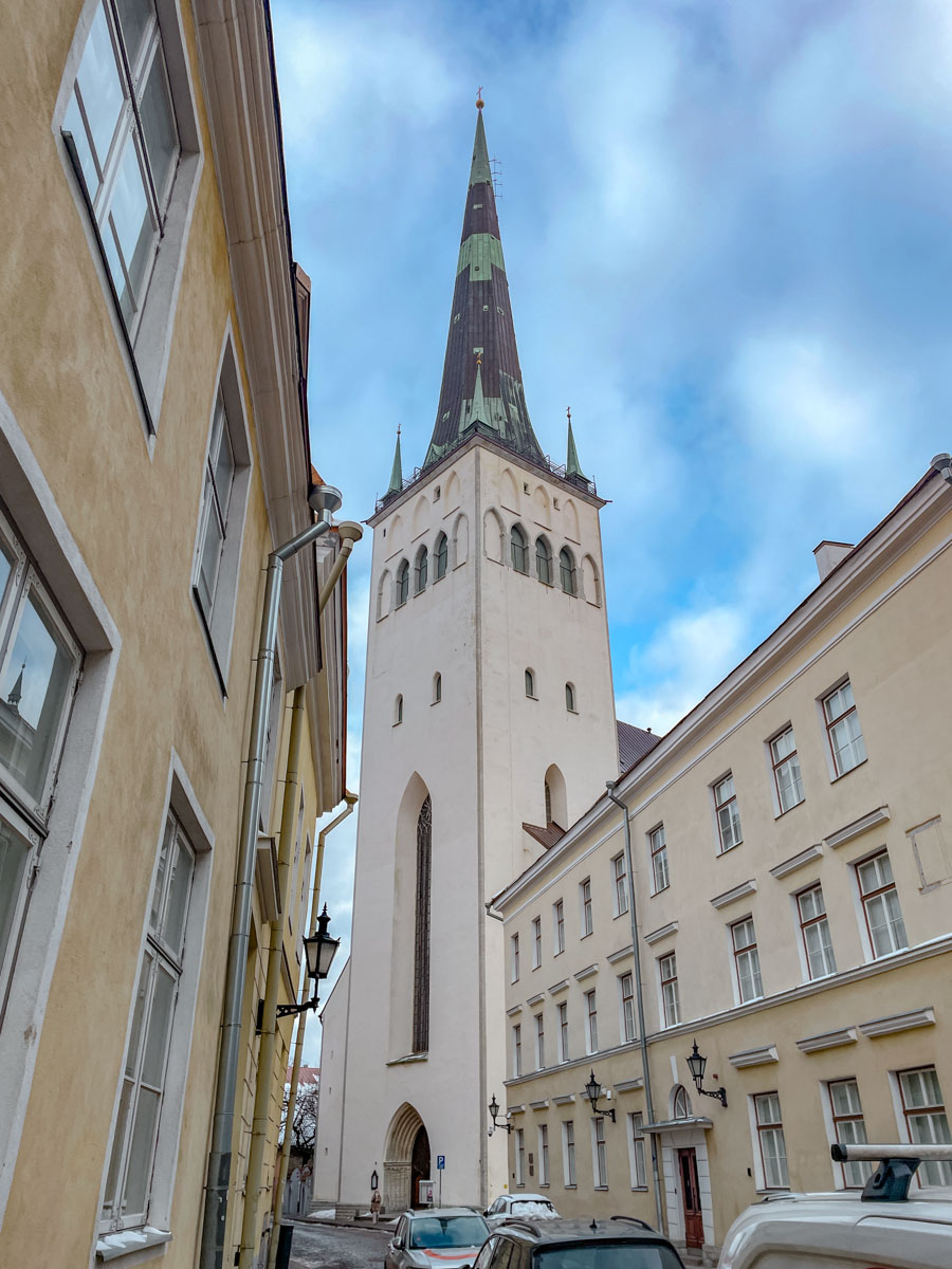 A church tower with sharp cone roof in Tallinn, Estonia.