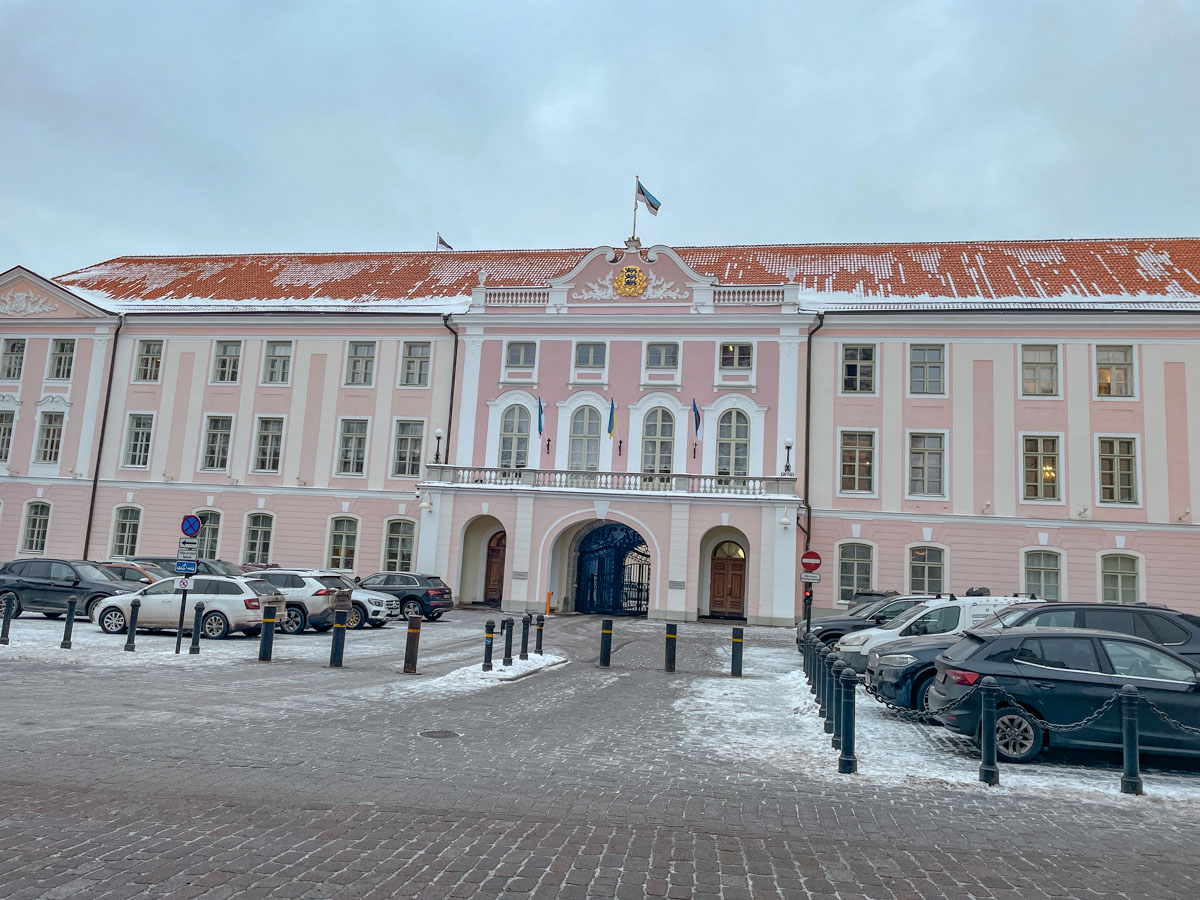 A small pink castle in Tallinn, Estonia in winter.
